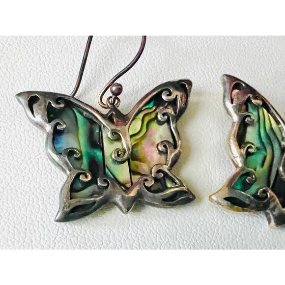Vintage Sterling Silver Butterfly Earrings Abalone Inlay Dangle 925 CFJ Thai - Picture 3 of 10